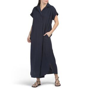 NEW MAX STUDIO LONDON Dark Navy Peach Skin Short Sleeve Shirt Maxi Dress